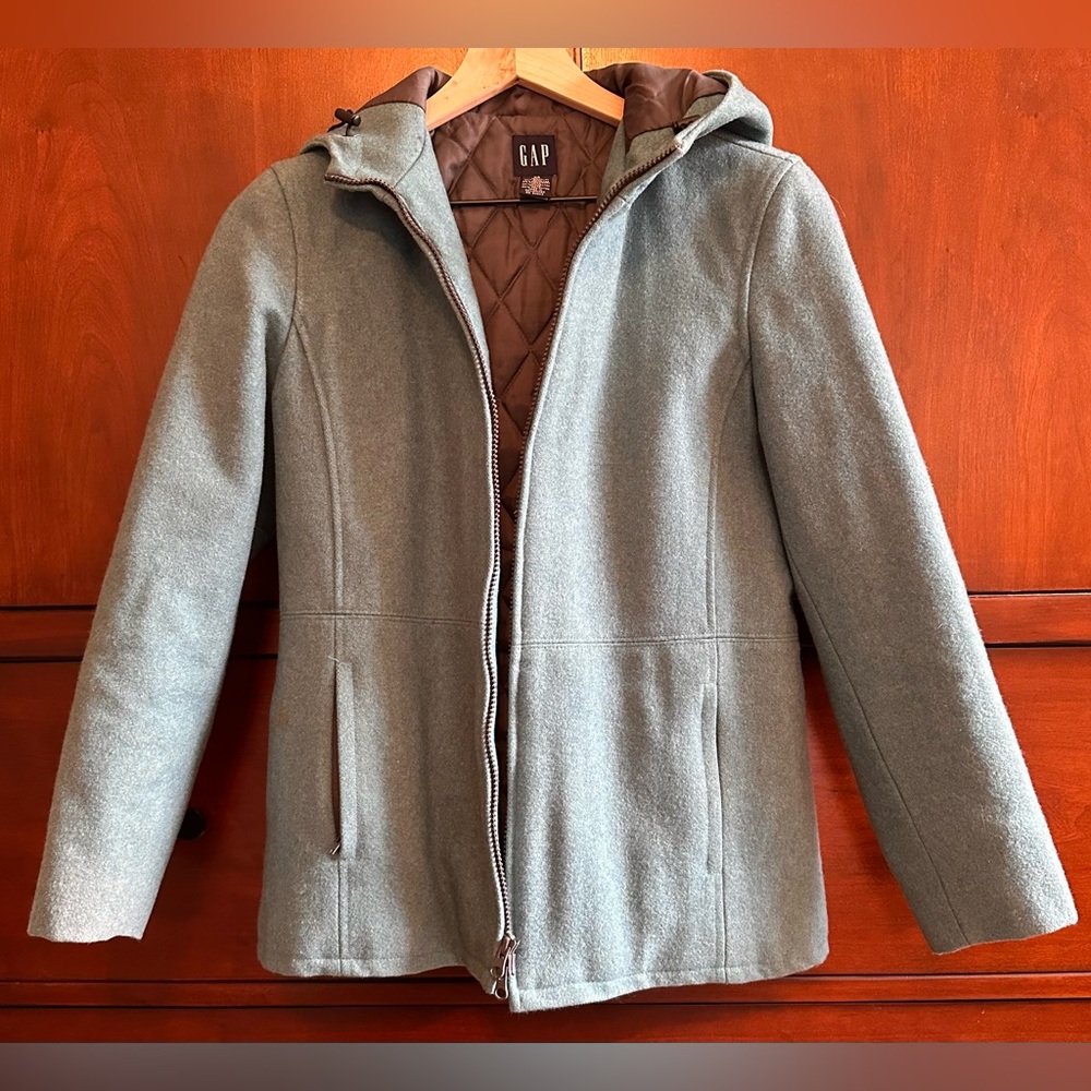 LADIES GAP VINTAGE TEAL WOOL ZIP-UP HOODED PEA COAT - XS